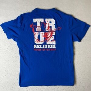 TRUE RELIGION Blue Graphic T Shirt Buddha Guitar Print Men's Large